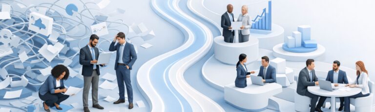 Modern 3D illustration showing business processes transforming from chaotic workflows to streamlined, efficient operations with diverse professionals collaborating in a clean blue and white corporate consulting environment
