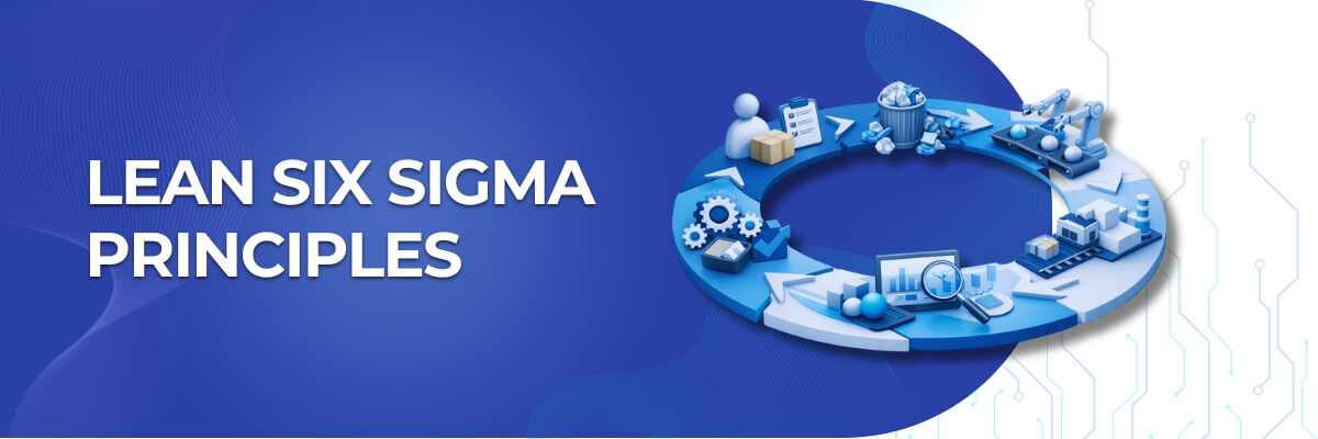 Professional 3D illustration showing Lean Six Sigma principles as a continuous improvement loop with waste reduction, quality control, and data-driven process improvement