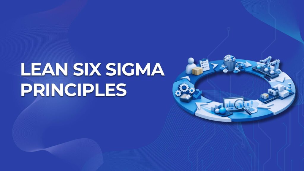 Professional 3D illustration showing Lean Six Sigma principles as a continuous improvement loop with waste reduction, quality control, and data-driven process improvement