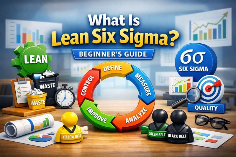 3D illustration explaining what Lean Six Sigma is, showing DMAIC cycle, Lean waste reduction, and Six Sigma quality improvement concepts