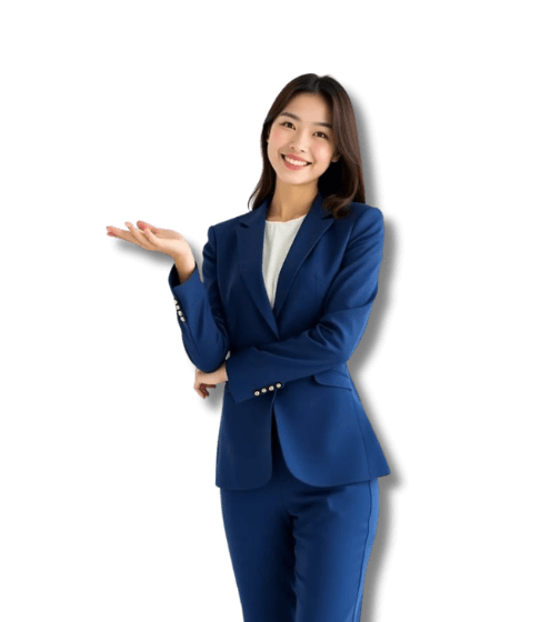 Smiling professional business woman in a blue suit gesturing with an open hand, isolated on a transparent background.