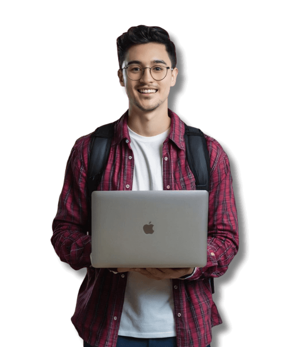 Young man wearing glasses and a red checkered shirt, smiling while holding a laptop with a backpack, isolated on a transparent background